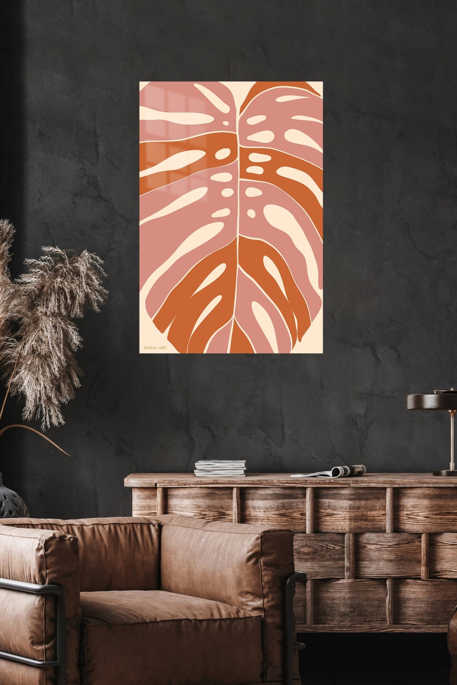 Terracotta Monstera Leaf metal wall art print, view 4