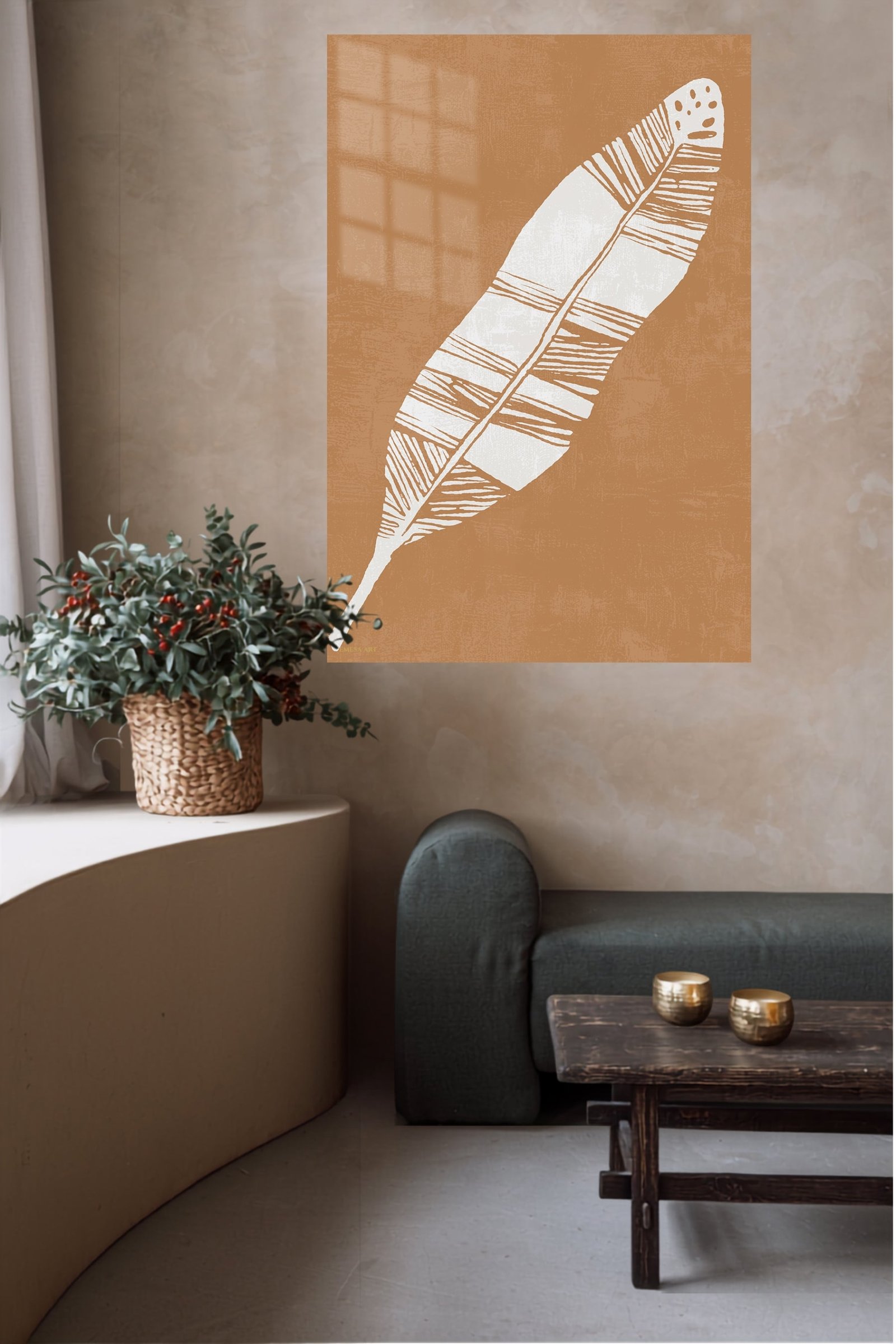 White Feather on Terracotta metal wall art print, view 5