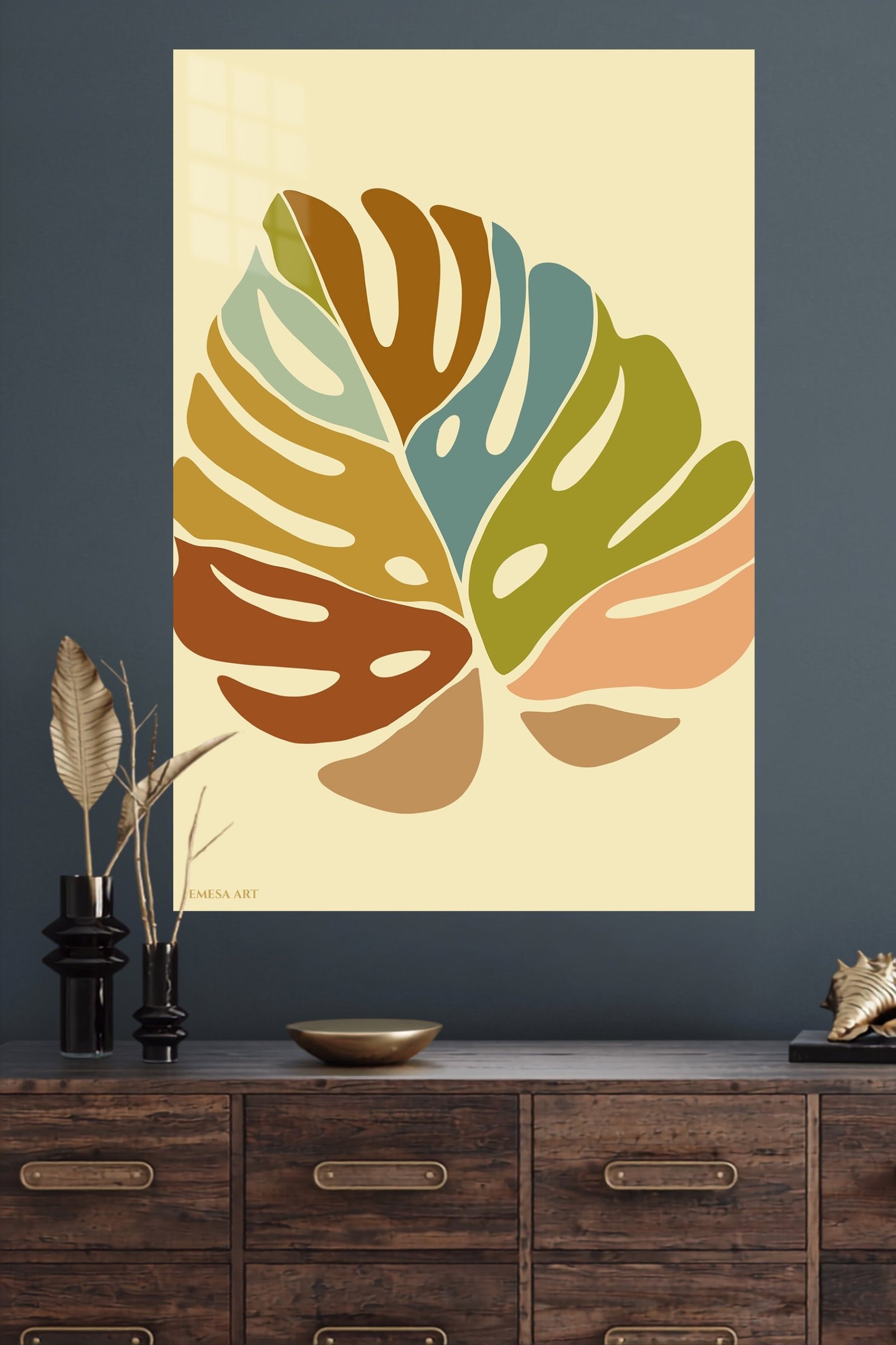 Earth Tone Monstera Leaves metal wall art print, view 4