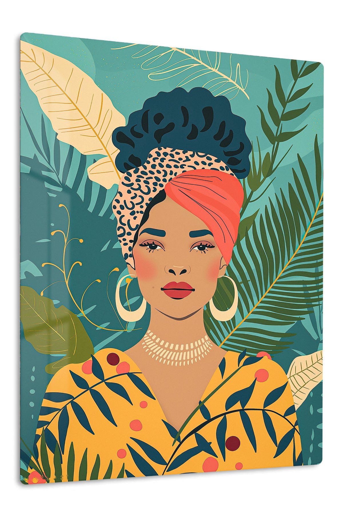 Tropical Woman With Coral Headwrap metal wall art print