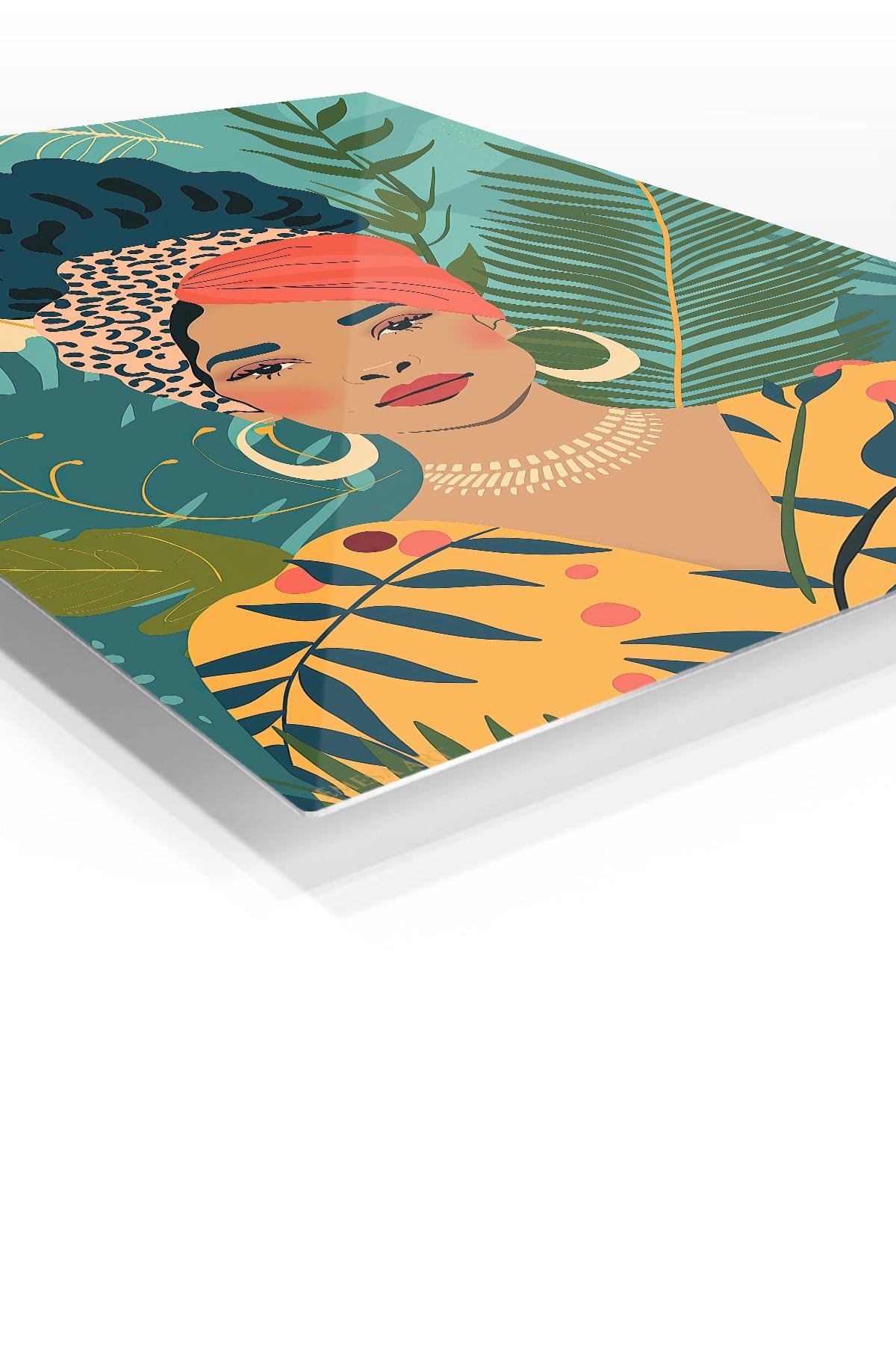 Tropical Woman With Coral Headwrap metal wall art print, view 2