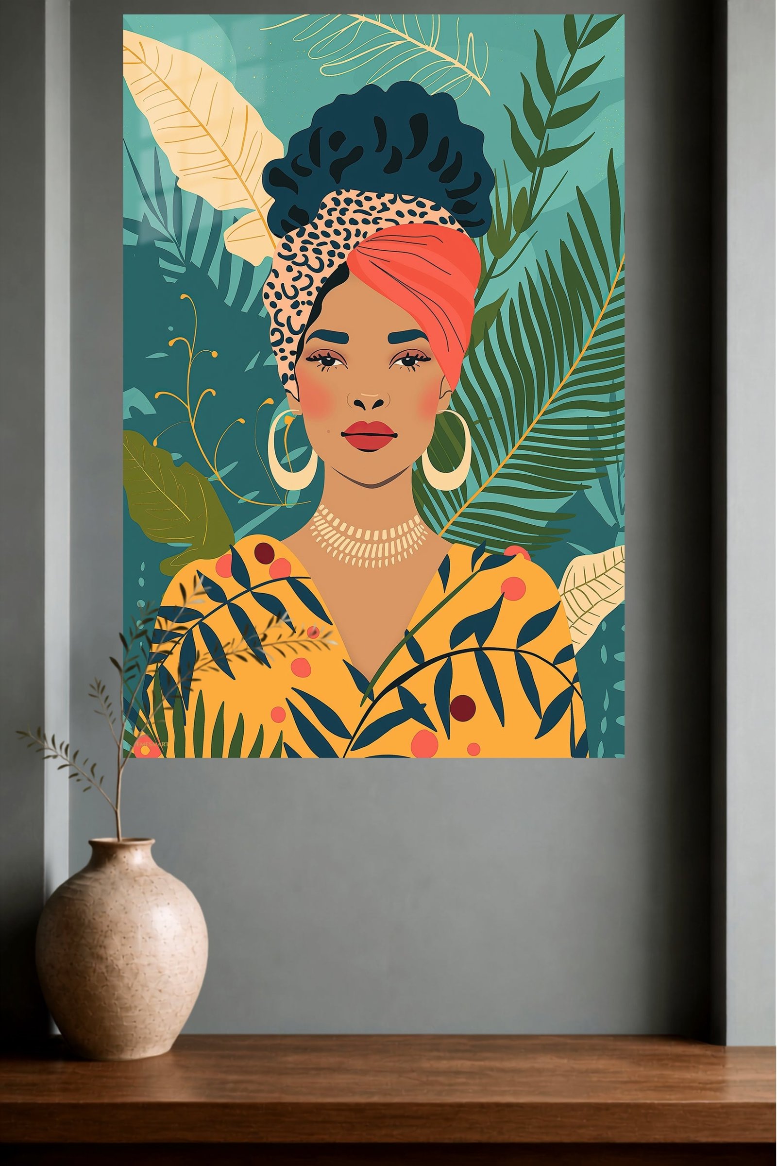 Tropical Woman With Coral Headwrap metal wall art print, view 4