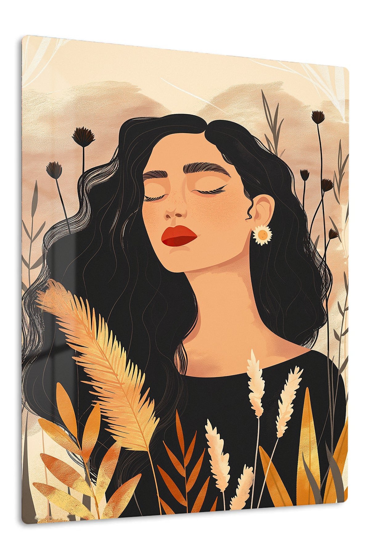 Serene Woman Among Wildflowers metal wall art print