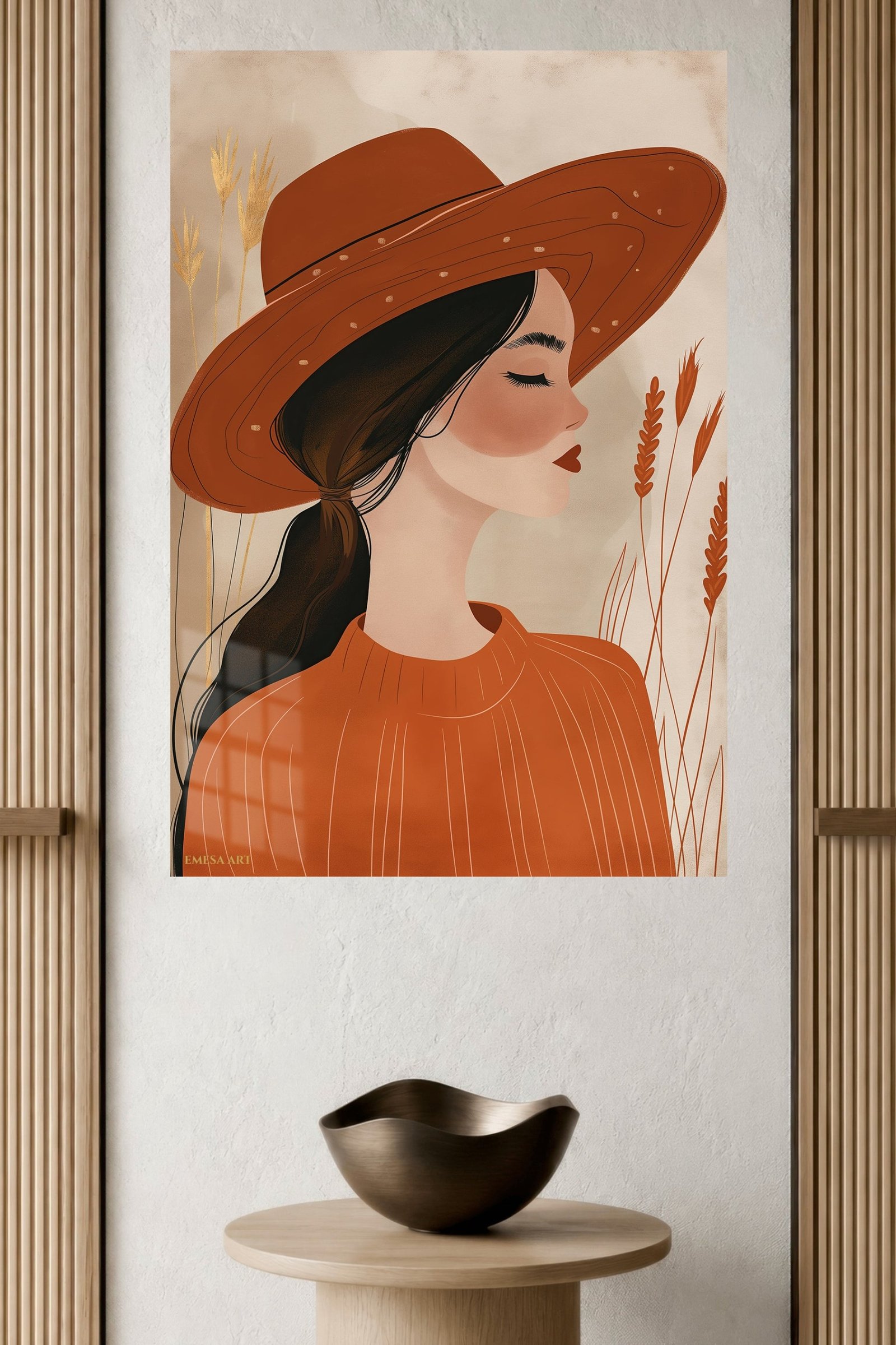 Terracotta Hat Portrait metal wall art print, view 4