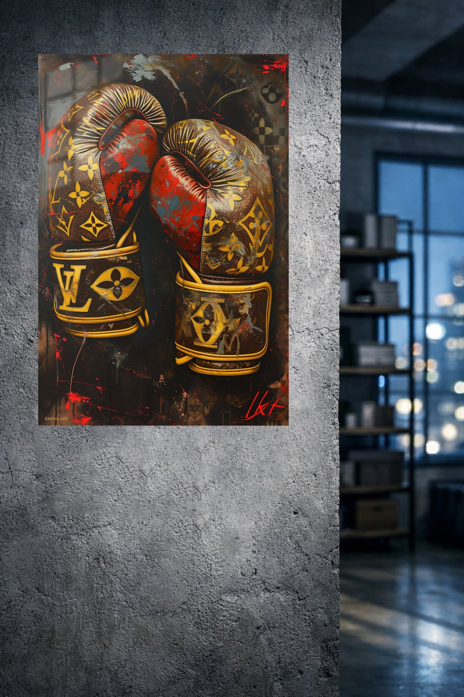 Gold Boxing Gloves on Black metal wall art print, view 4