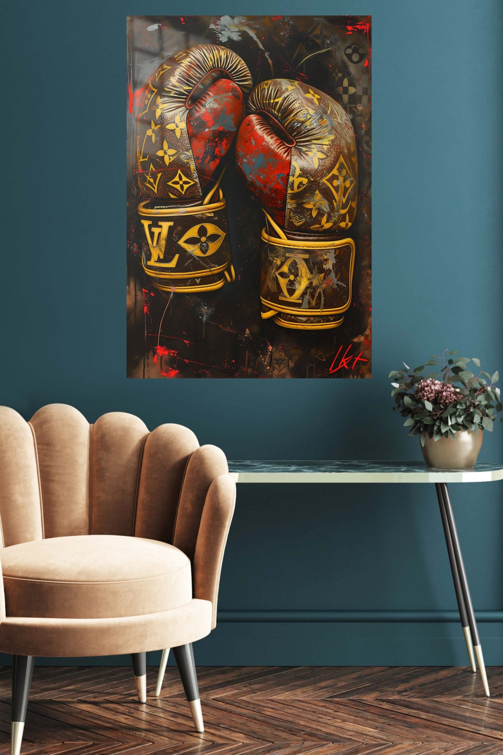 Gold Boxing Gloves on Black metal wall art print, view 5