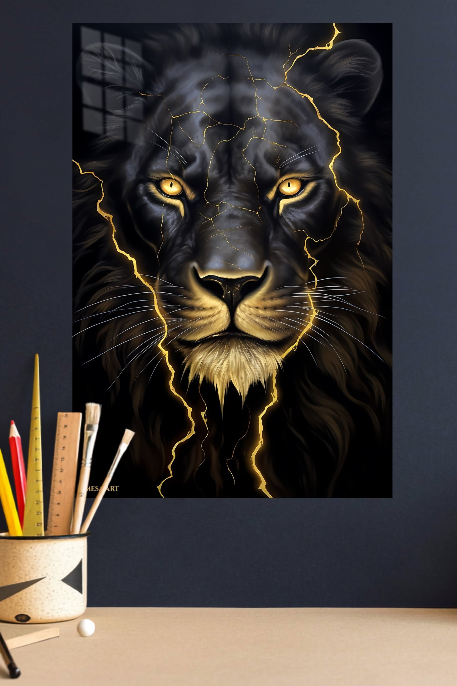 Golden Lightning Lion metal wall art print, view 4