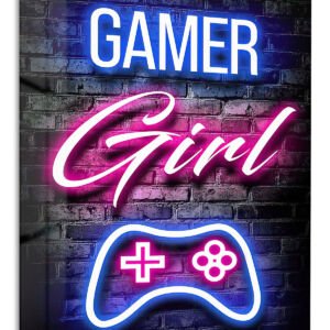 Gamer Girl Neon Controller metal wall art print