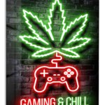 Gaming and Chill Neon Leaf metal wall art print