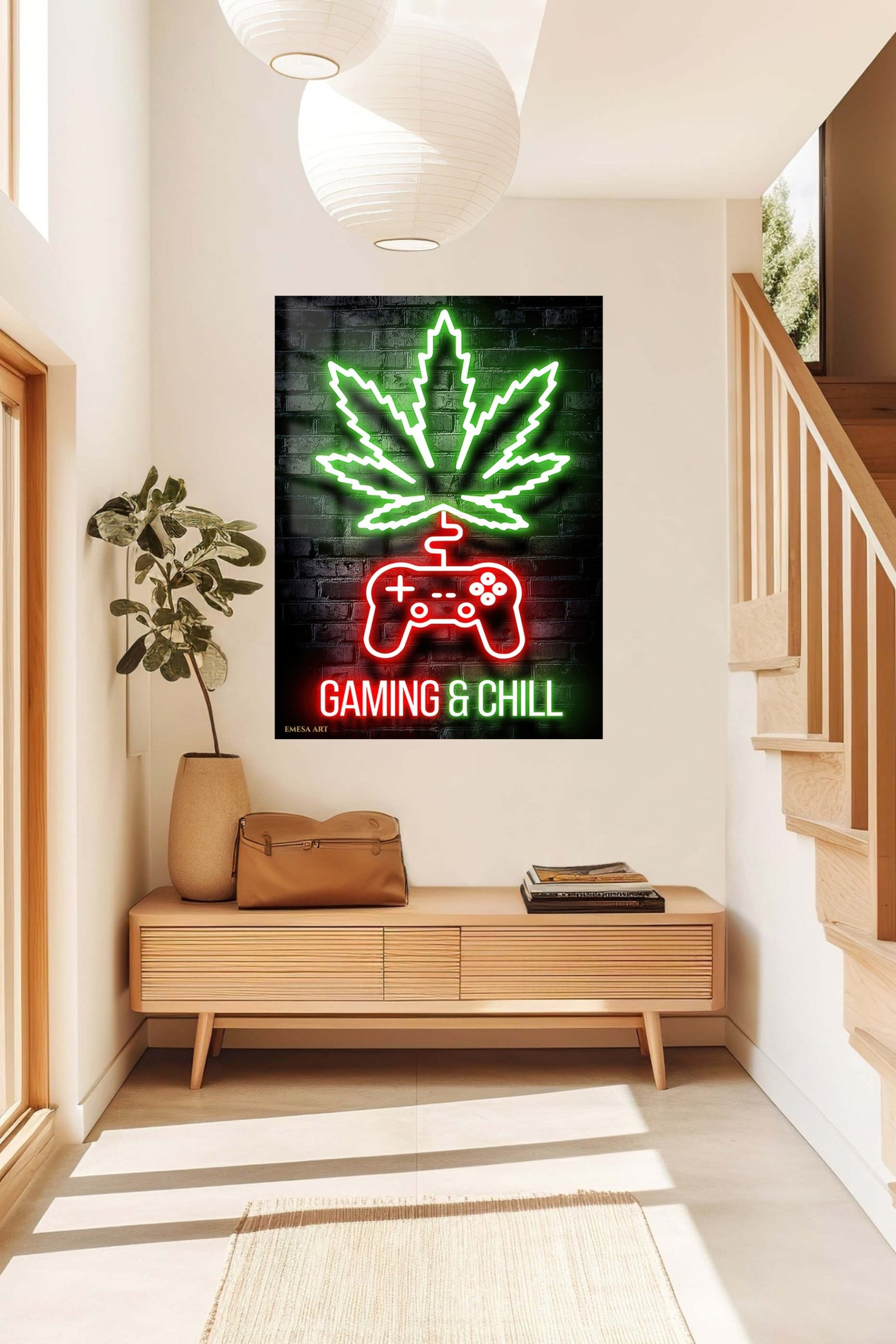 Gaming and Chill Neon Leaf metal wall art print, view 5