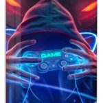 Neon Hooded Gamer metal wall art print