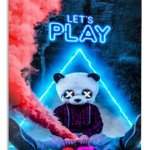 Let's Play Panda Mask Neon Gamer metal wall art print