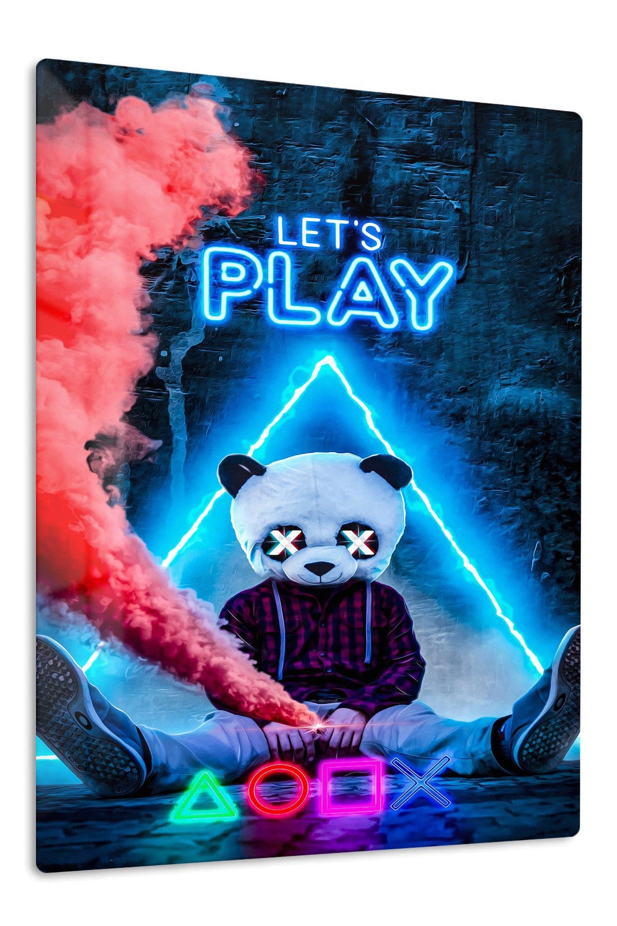 Let's Play Panda Mask Neon Gamer metal wall art print