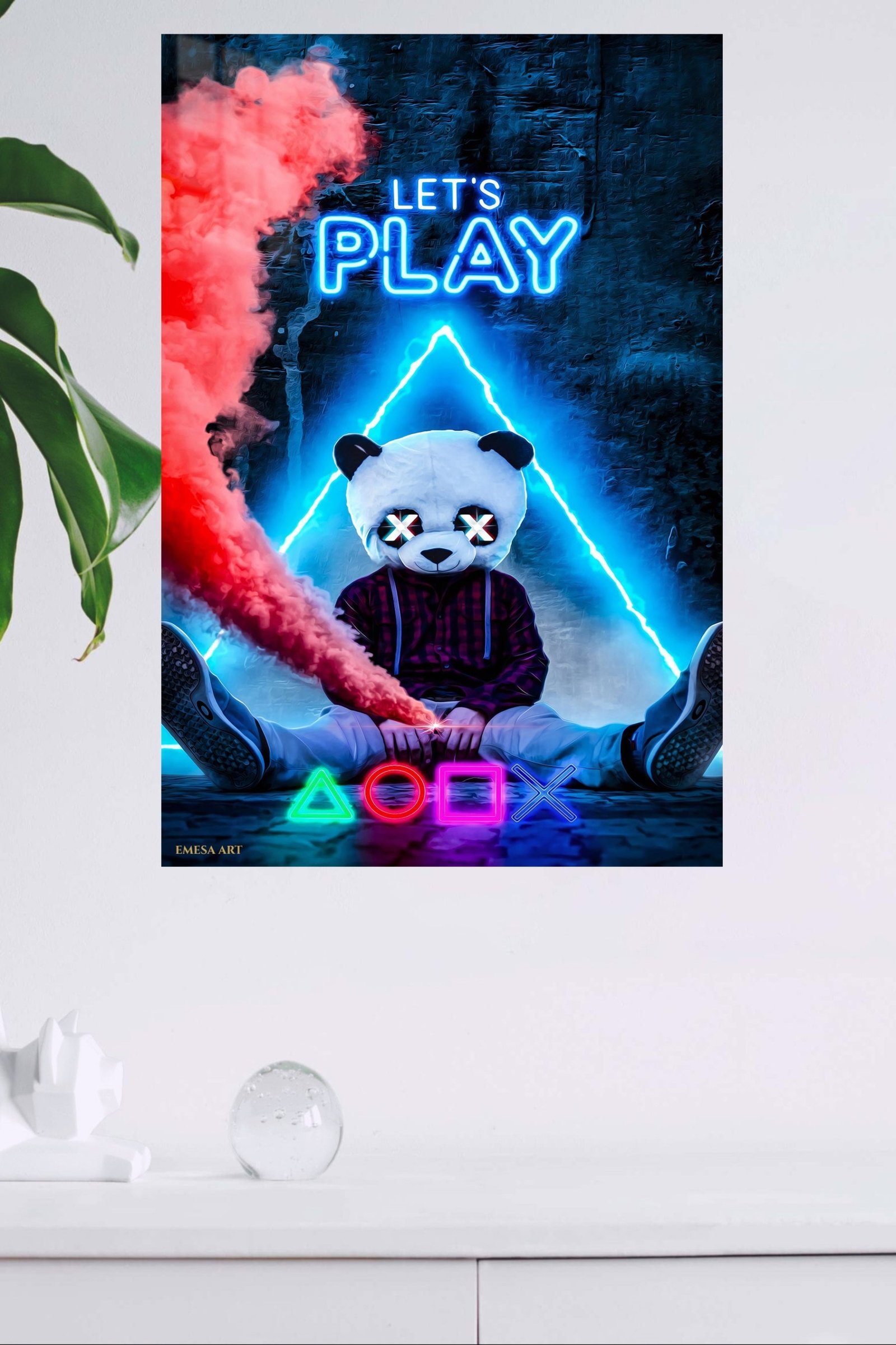 Let's Play Panda Mask Neon Gamer metal wall art print, view 4
