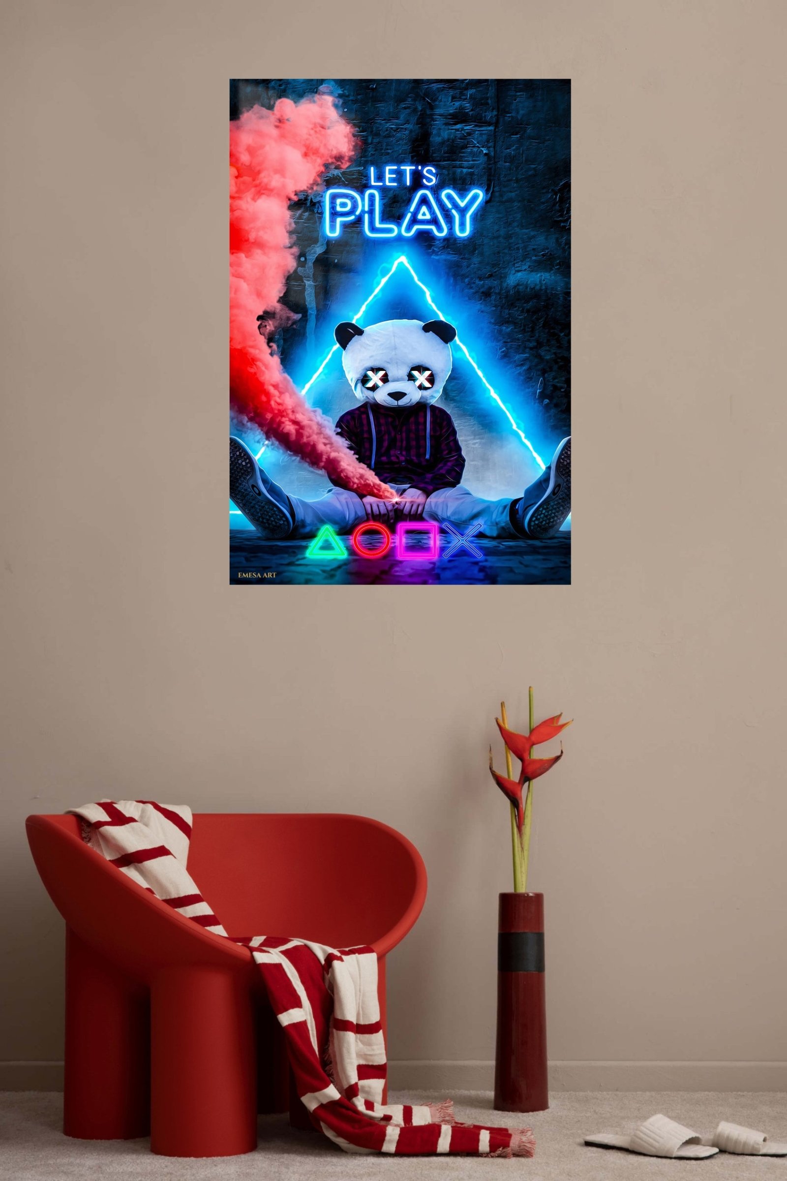 Let's Play Panda Mask Neon Gamer metal wall art print, view 5