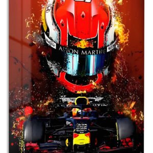Fiery Open-Wheel Racing Helmet metal wall art print
