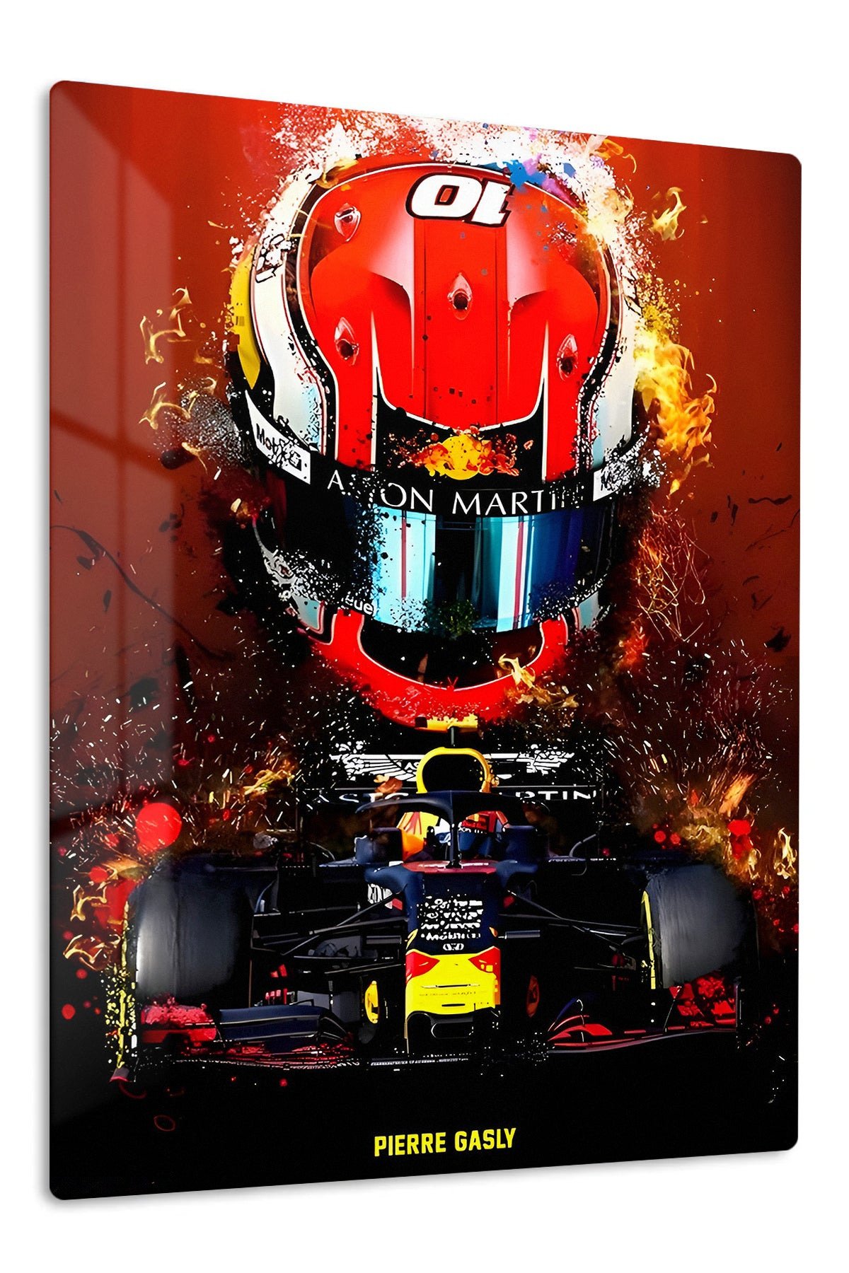 Fiery Open-Wheel Racing Helmet metal wall art print