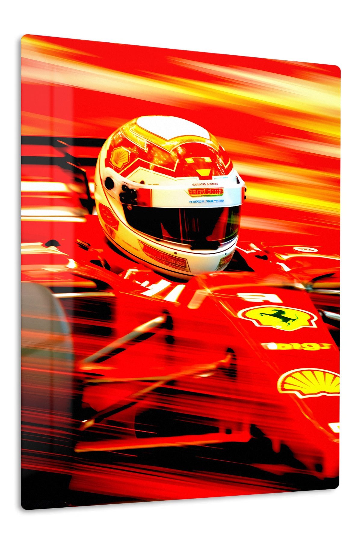 Red Racing Helmet in Motion metal wall art print