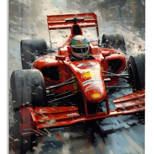 Red Open-Wheel Racer in Snowstorm metal wall art print