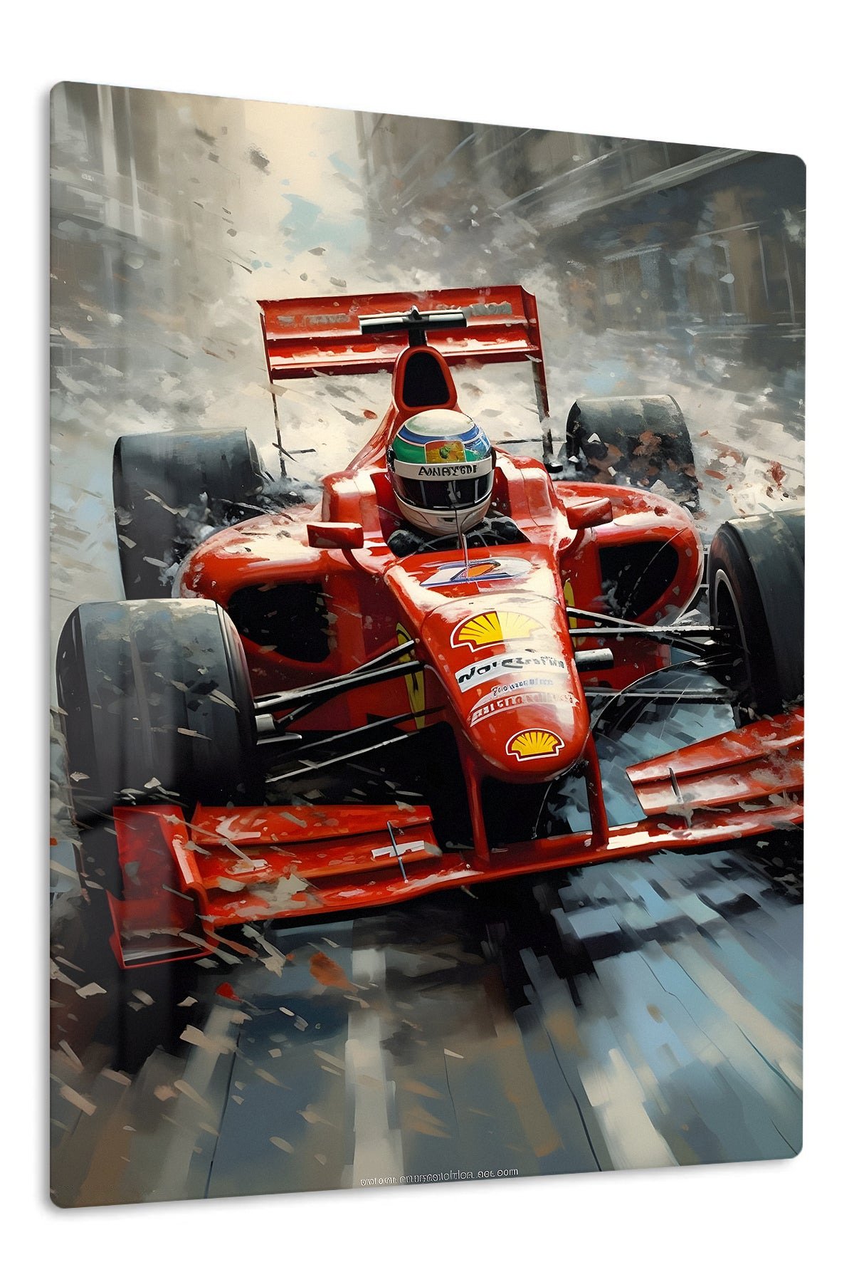 Red Open-Wheel Racer in Snowstorm metal wall art print