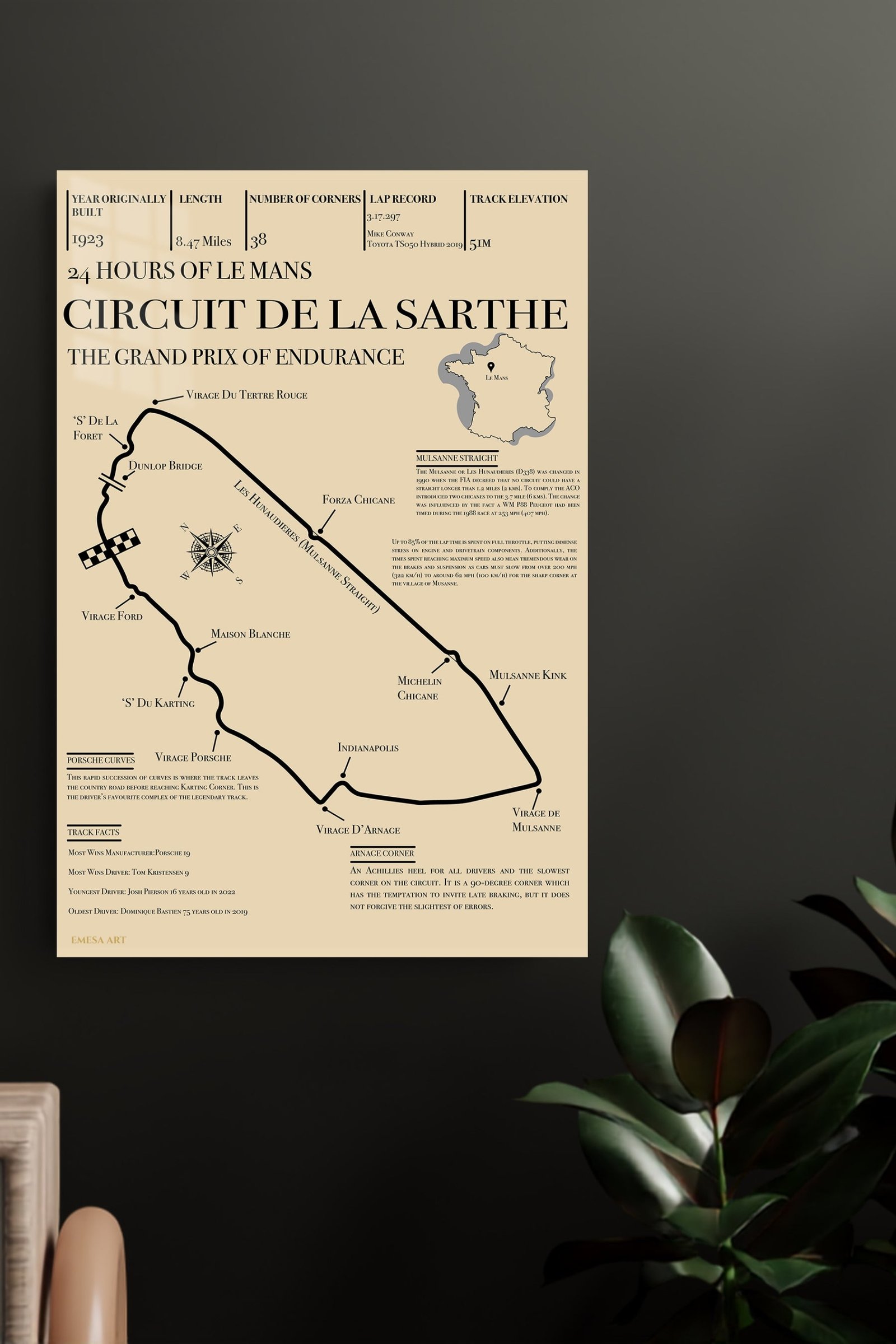 Circuit de la Sarthe Endurance Track Map metal wall art print, view 4