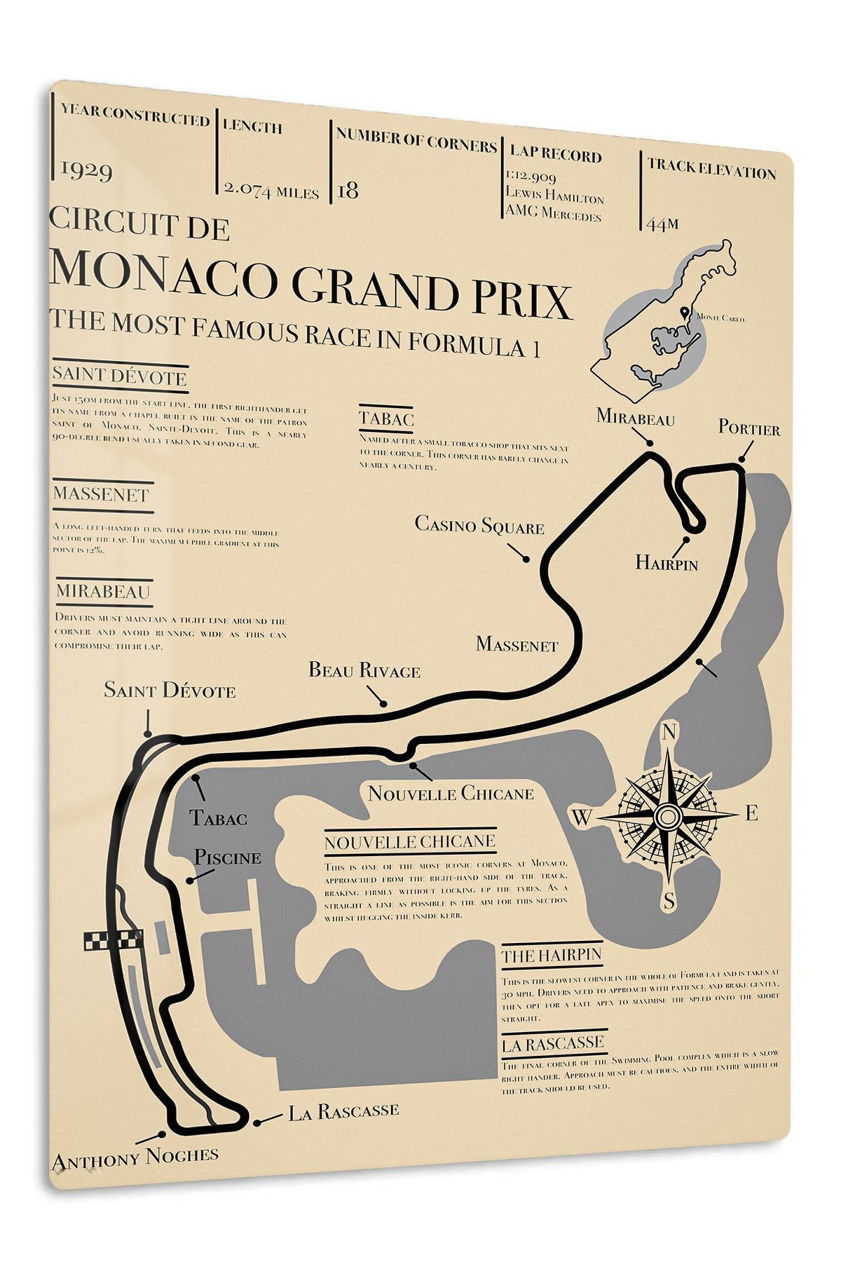 Monaco Grand Prix Circuit Map metal wall art print