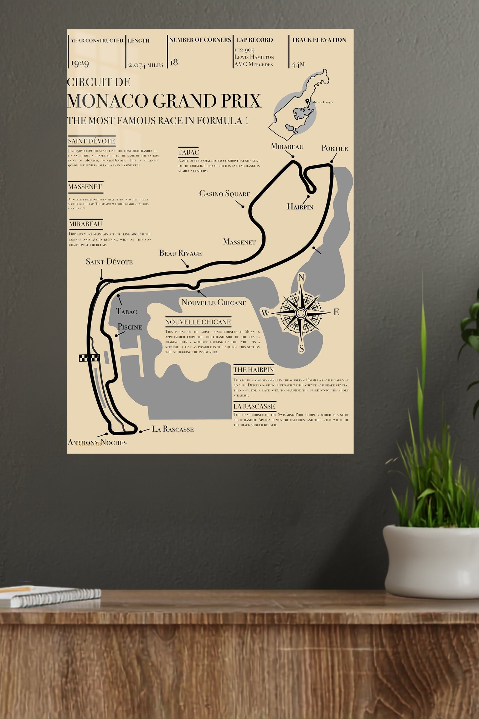 Monaco Grand Prix Circuit Map metal wall art print, view 4