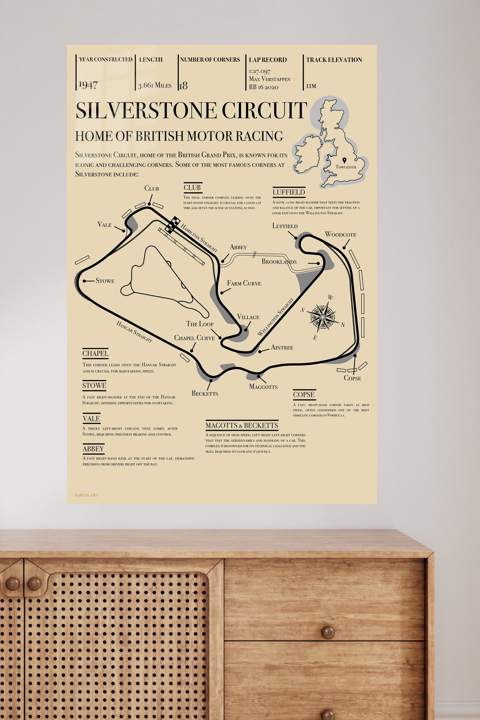Silverstone Circuit Racing Map metal wall art print, view 4