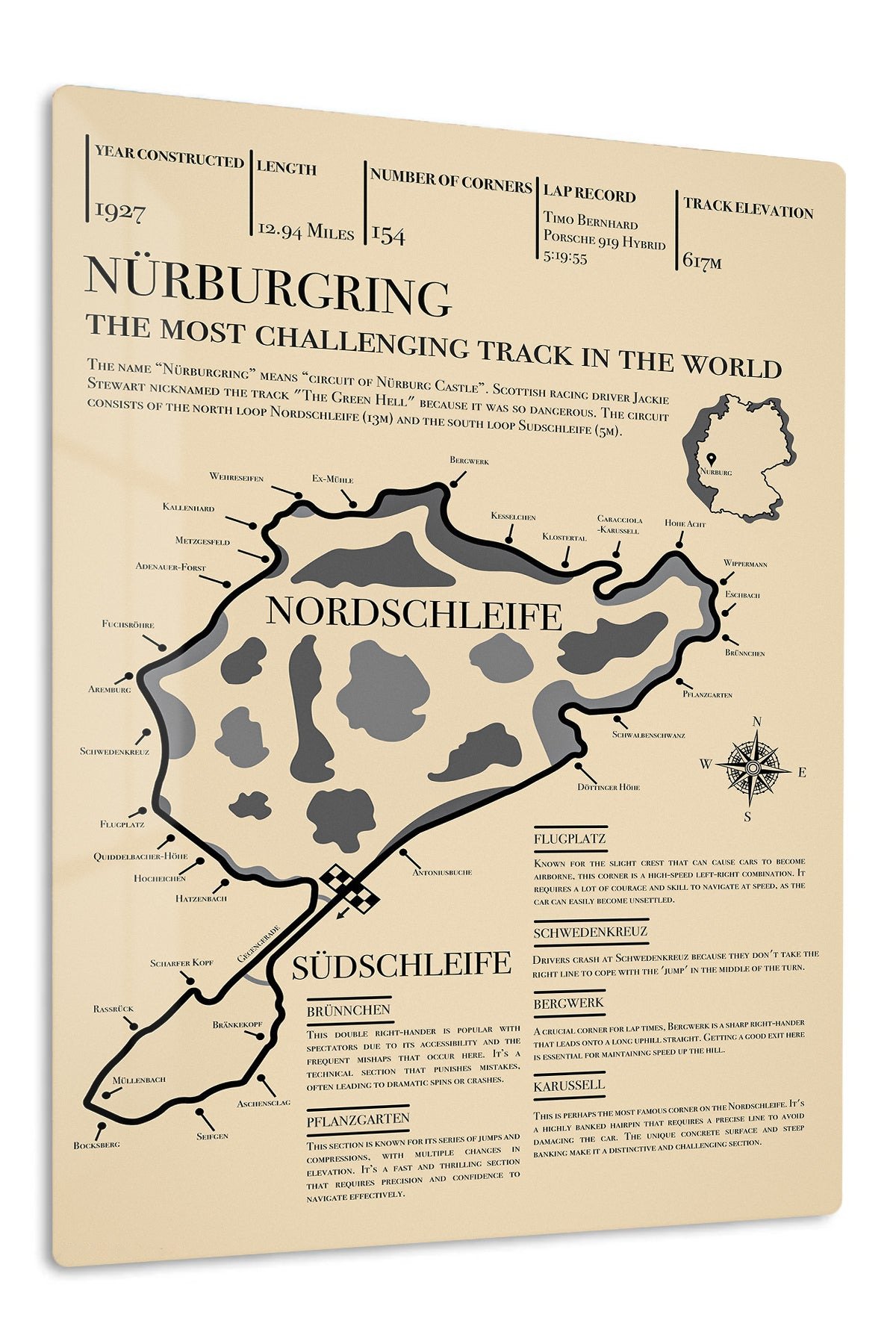 Nürburgring Nordschleife Circuit Map metal wall art print