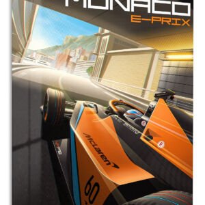 Orange Formula Race Car on Monaco Circuit metal wall art print