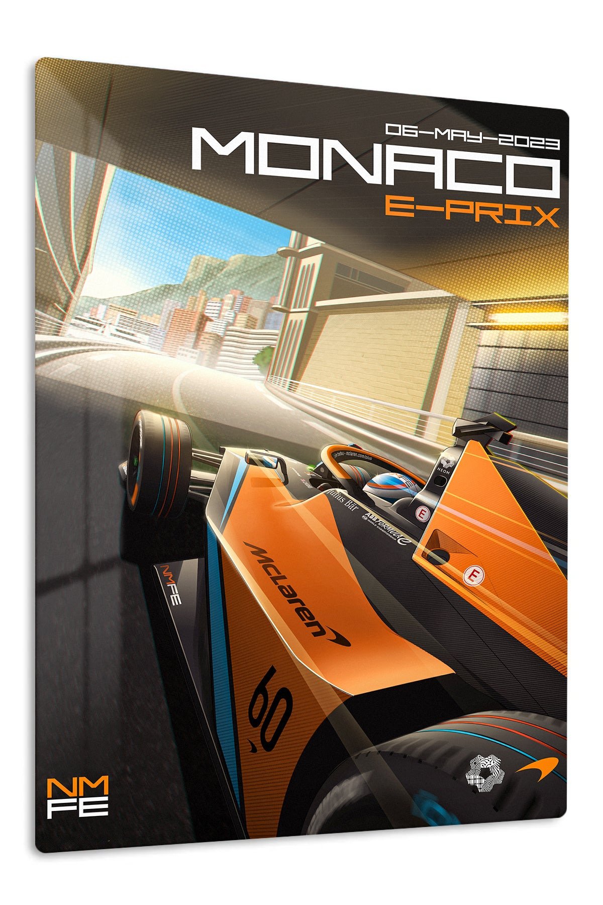 Orange Formula Race Car on Monaco Circuit metal wall art print