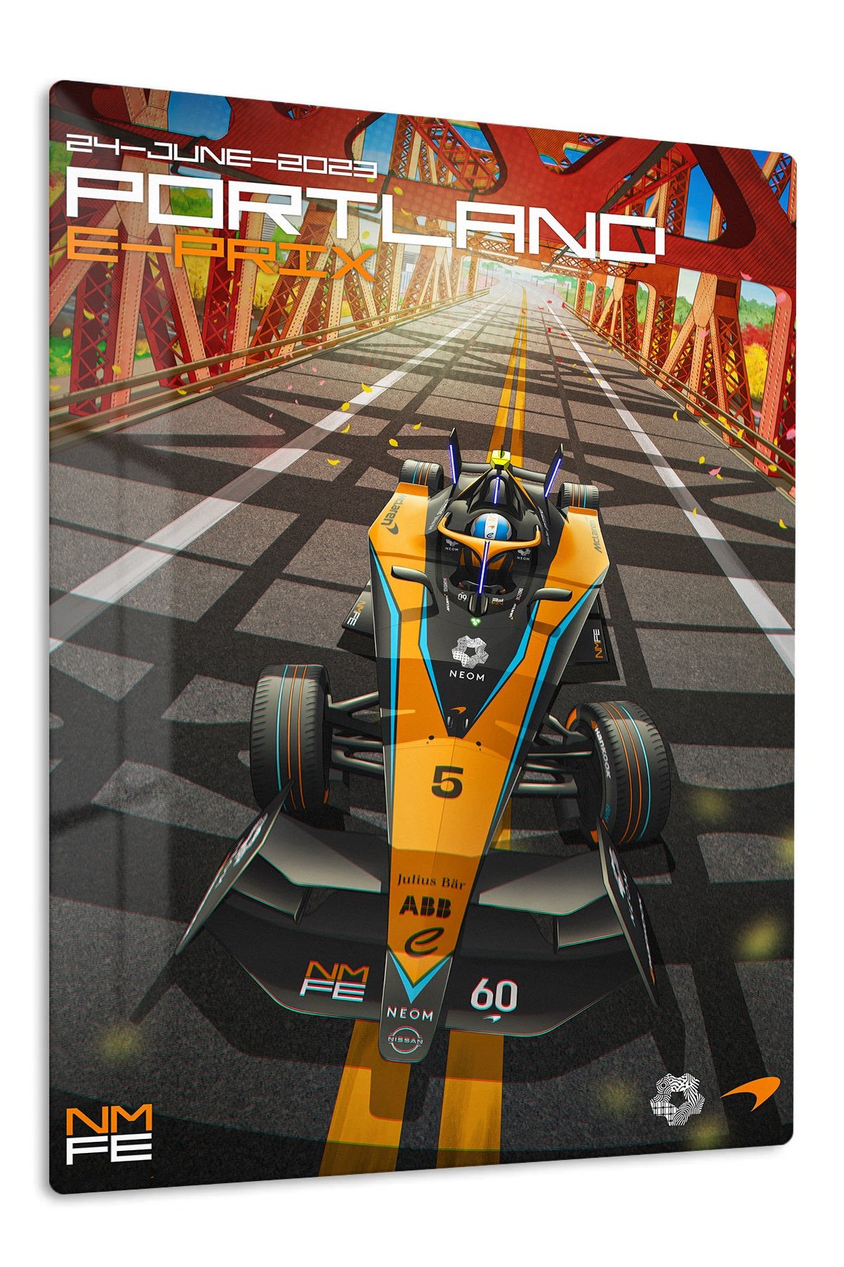 Futuristic Open-Wheel Bridge Run metal wall art print