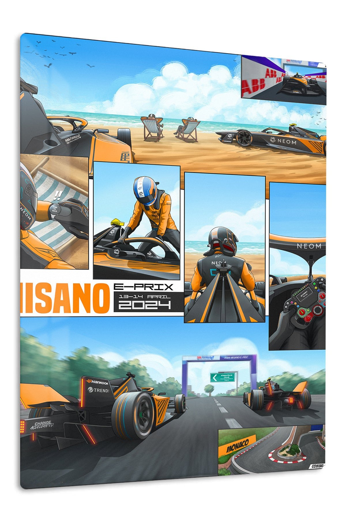Orange Race Car Beachside Comic Collage metal wall art print