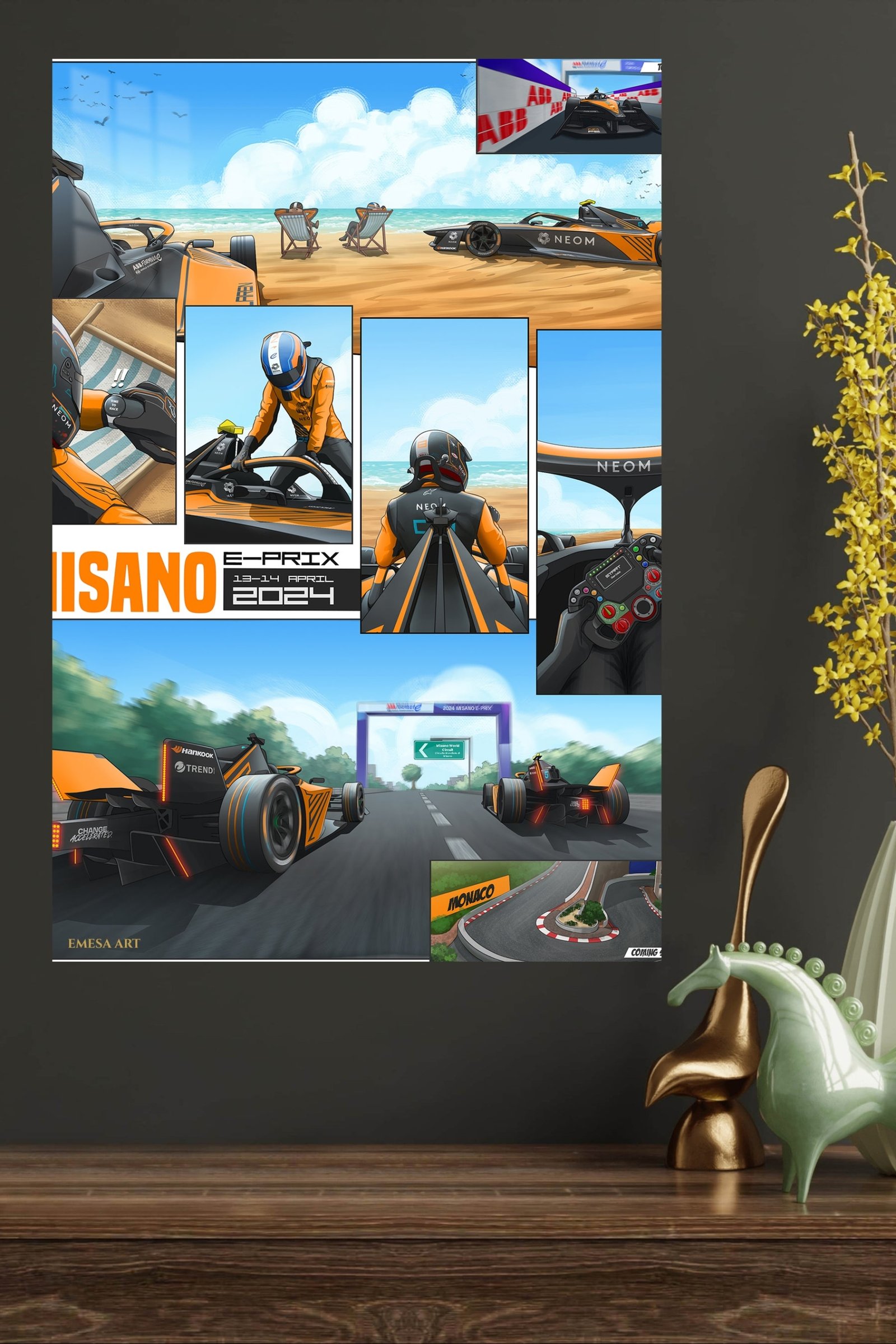 Orange Race Car Beachside Comic Collage metal wall art print, view 4