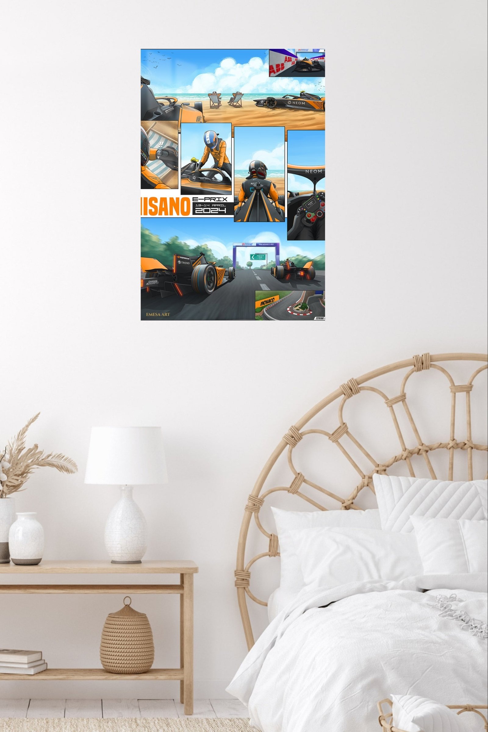 Orange Race Car Beachside Comic Collage metal wall art print, view 5