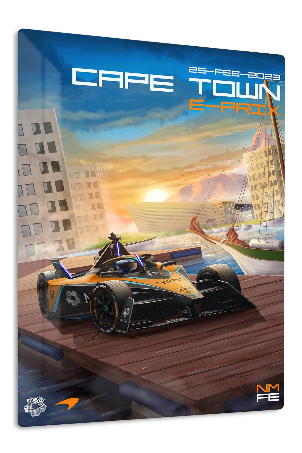 Sunset Harbor Race Car metal wall art print