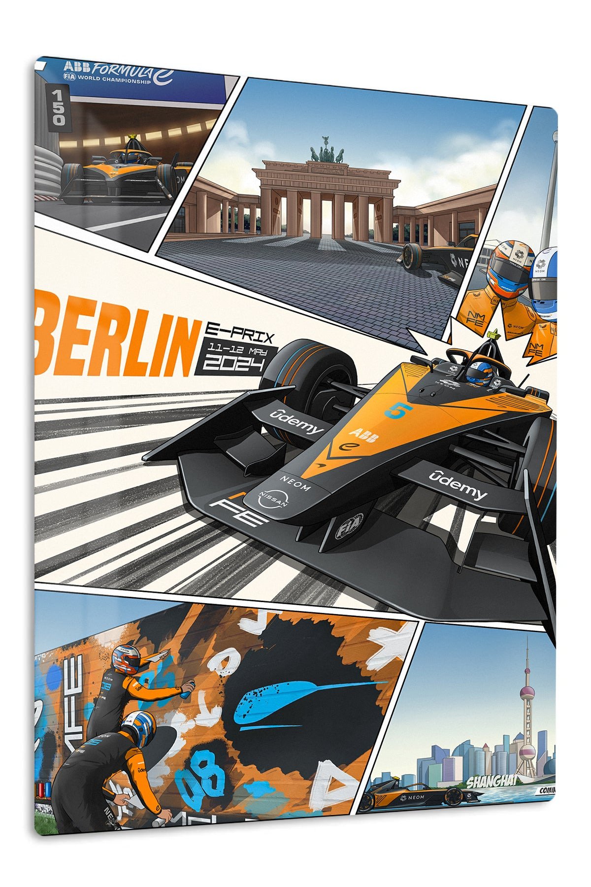 Orange Open-Wheel Racing City Panels metal wall art print
