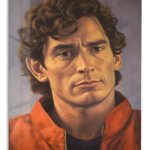 Curly-Haired Man in Red Jacket Portrait metal wall art print