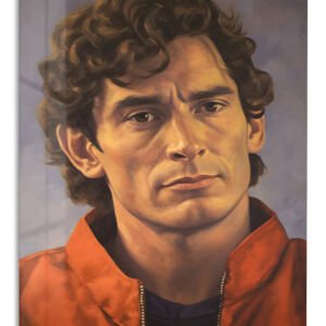 Curly-Haired Man in Red Jacket Portrait metal wall art print