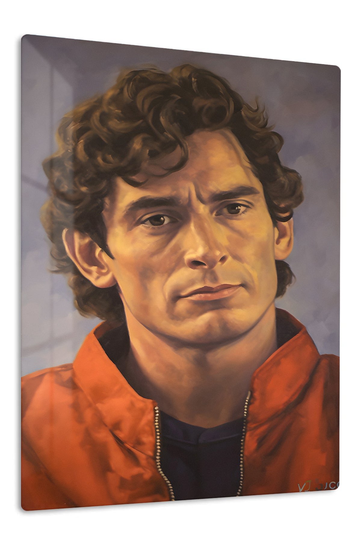 Curly-Haired Man in Red Jacket Portrait metal wall art print
