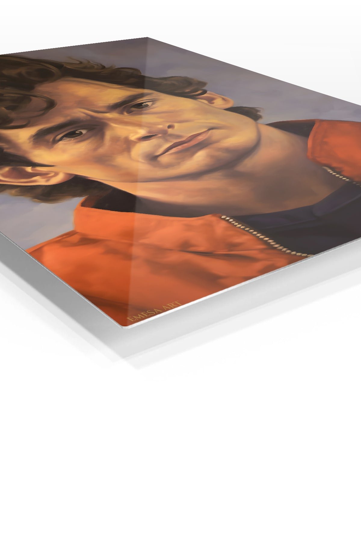 Curly-Haired Man in Red Jacket Portrait metal wall art print, view 2