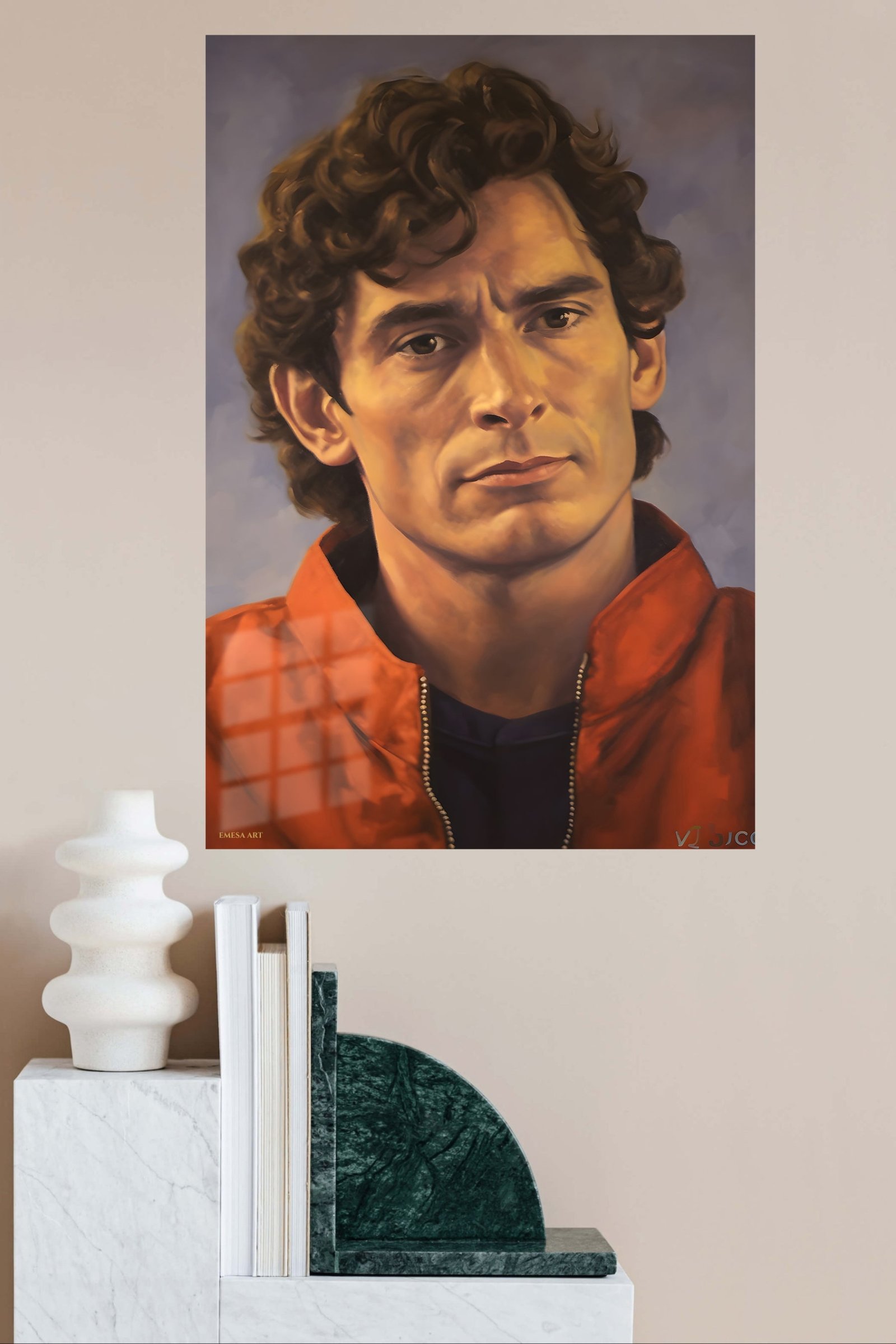 Curly-Haired Man in Red Jacket Portrait metal wall art print, view 4