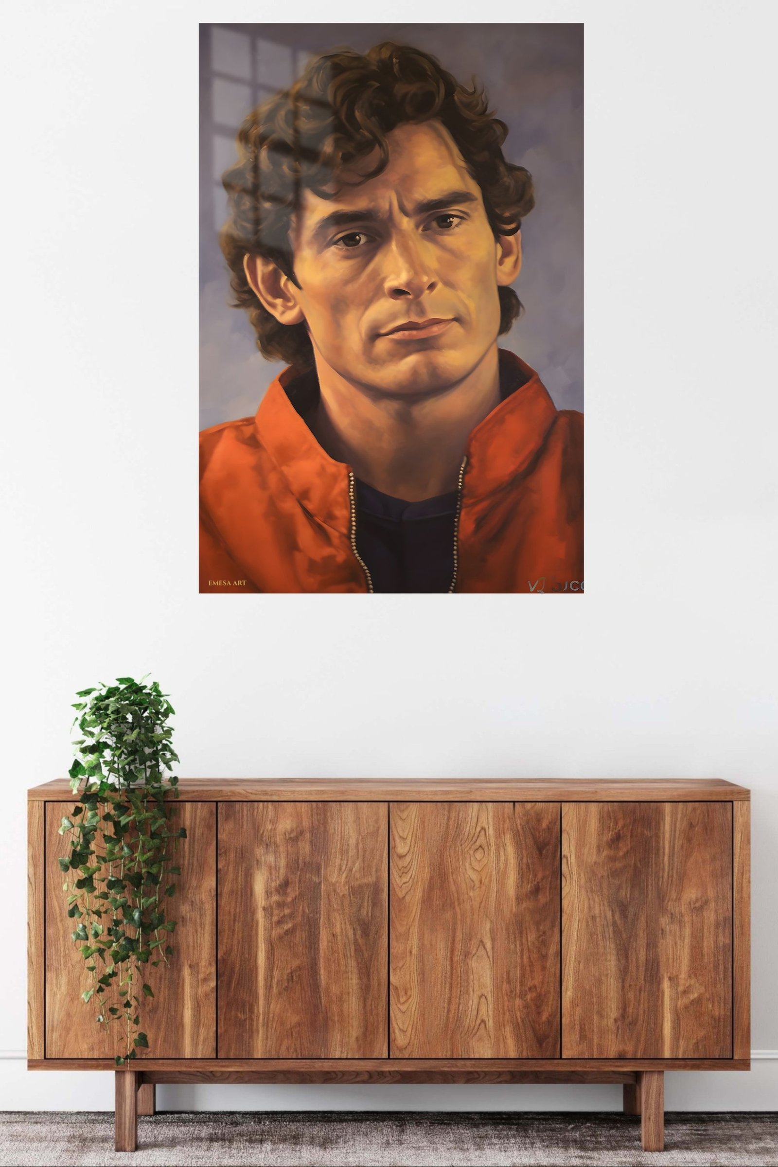 Curly-Haired Man in Red Jacket Portrait metal wall art print, view 5